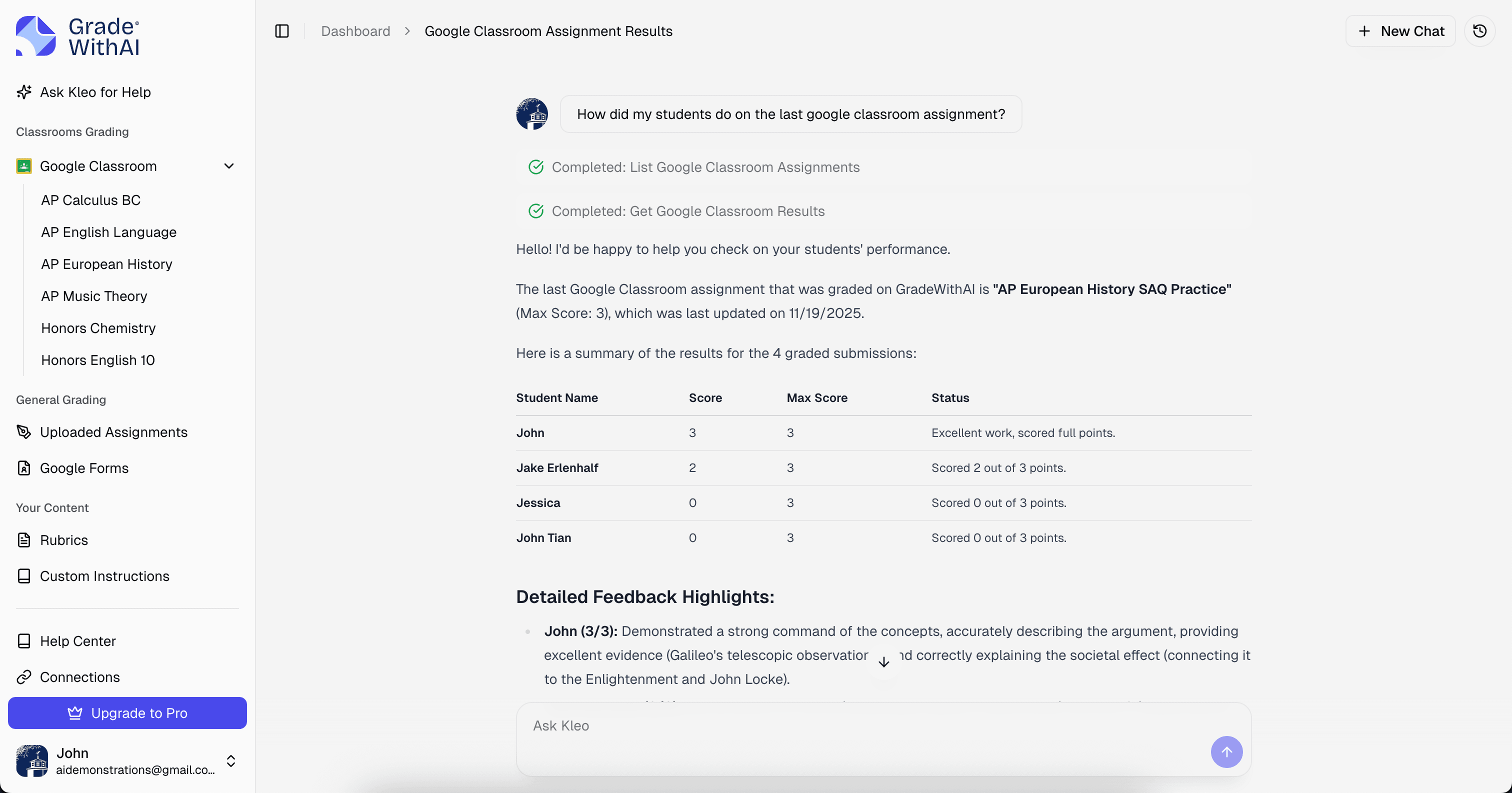 Kleo AI Teaching Assistant chat interface providing student insights