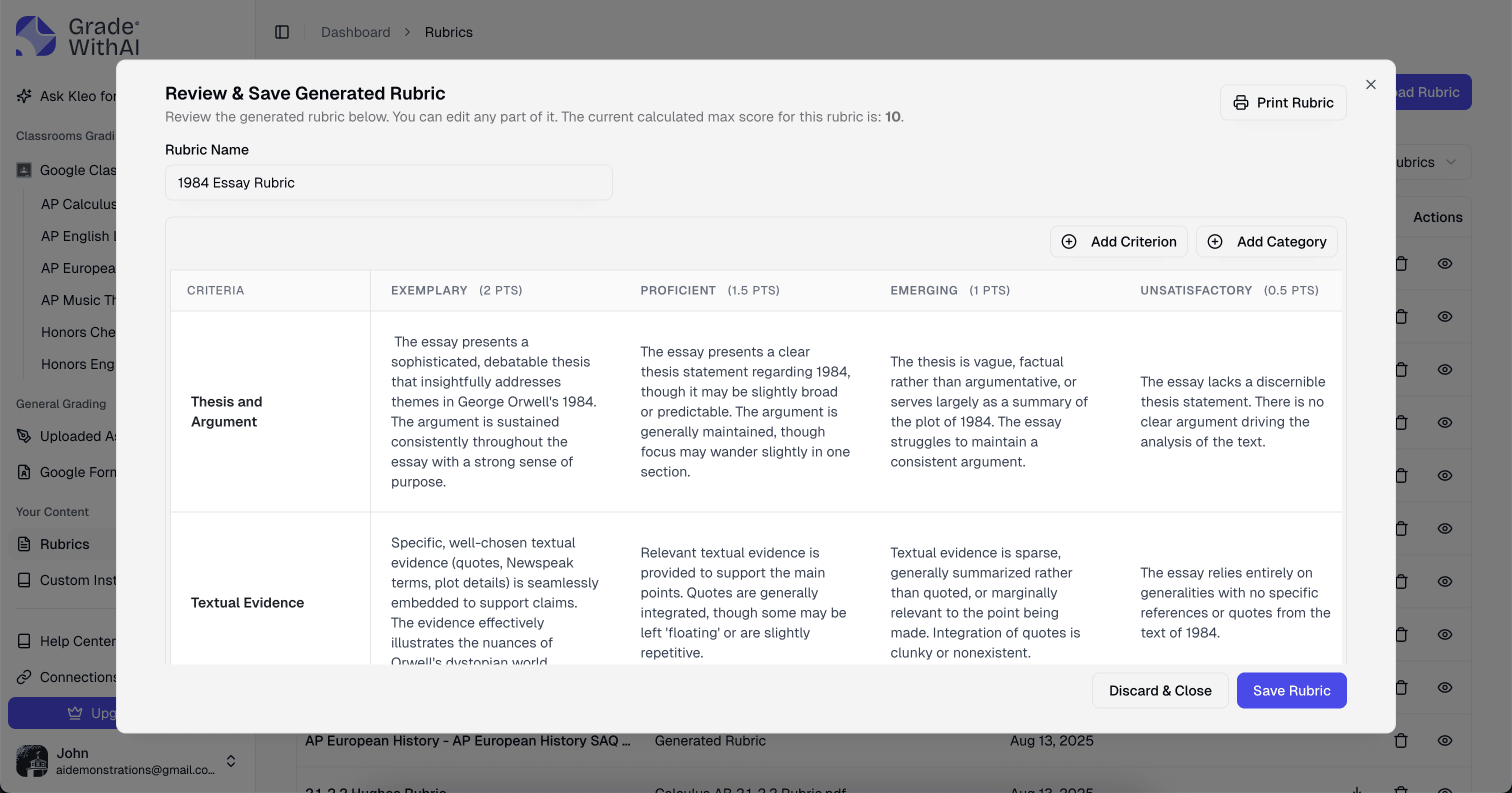 Rubric builder showing AI-generated criteria for a Google Classroom assignment