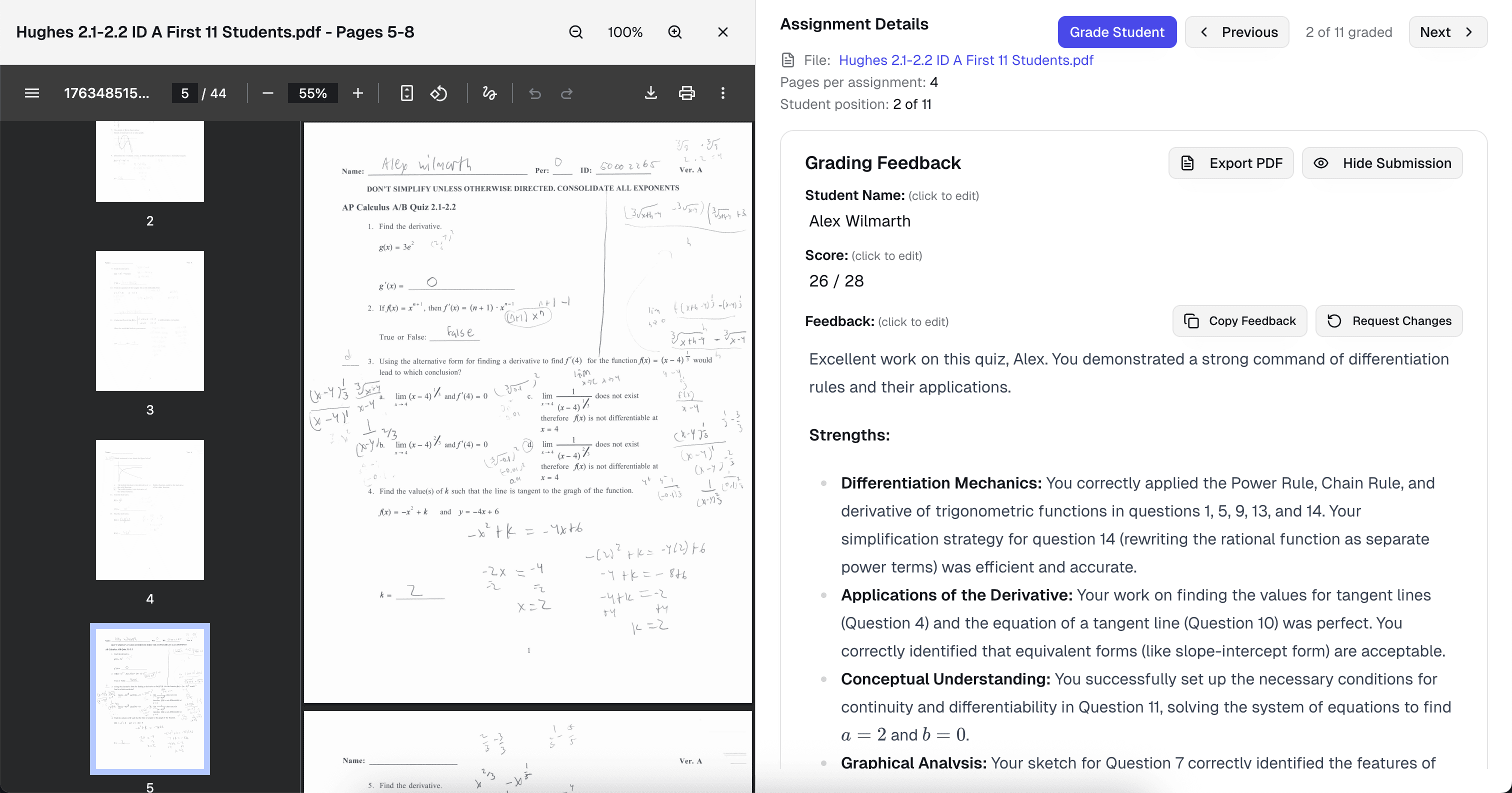 AI grading interface for uploaded handwritten student assignments and PDFs