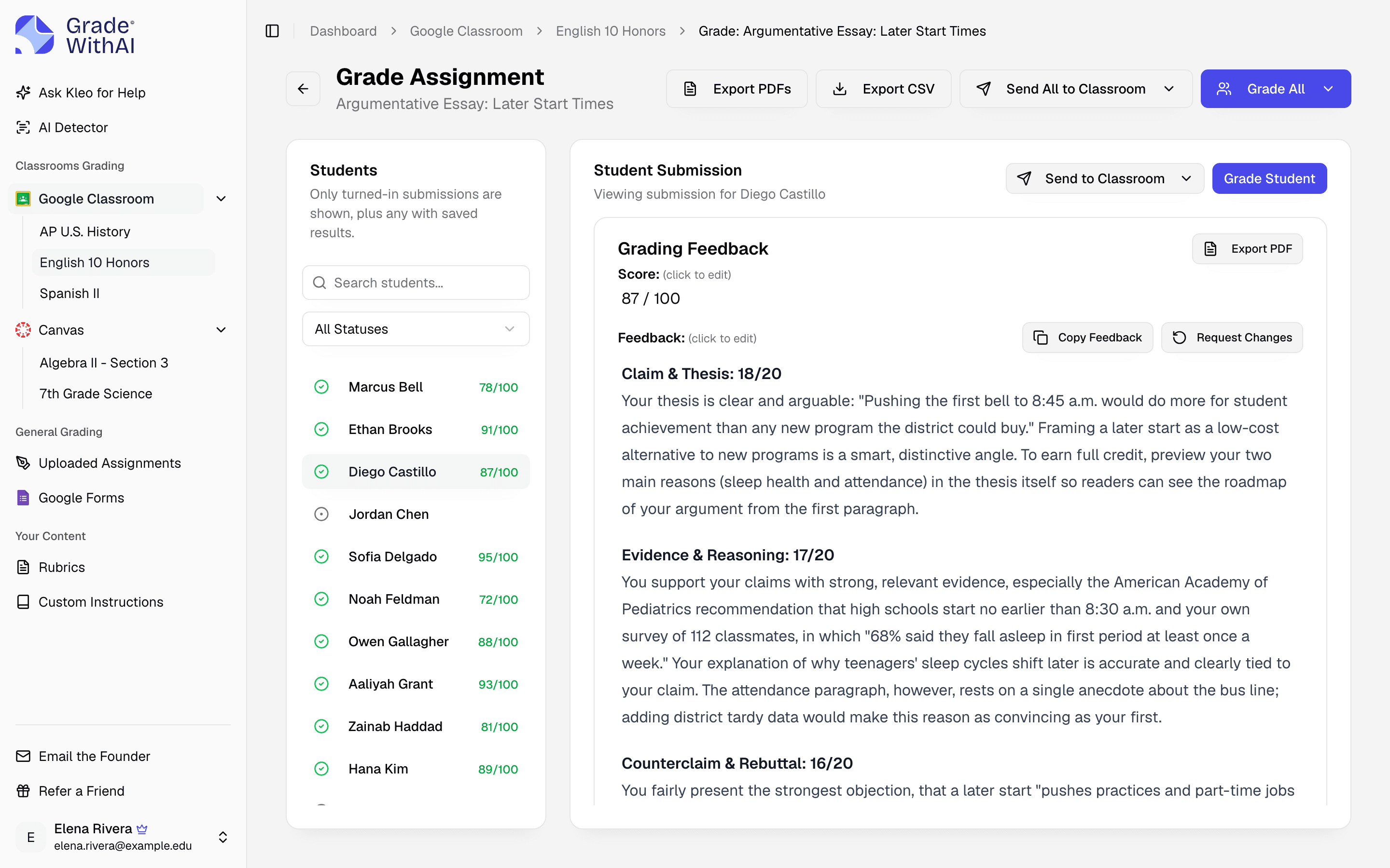 GradeWithAI grading a Google Classroom argumentative essay, with a class roster of scores and AI feedback that quotes the student's thesis