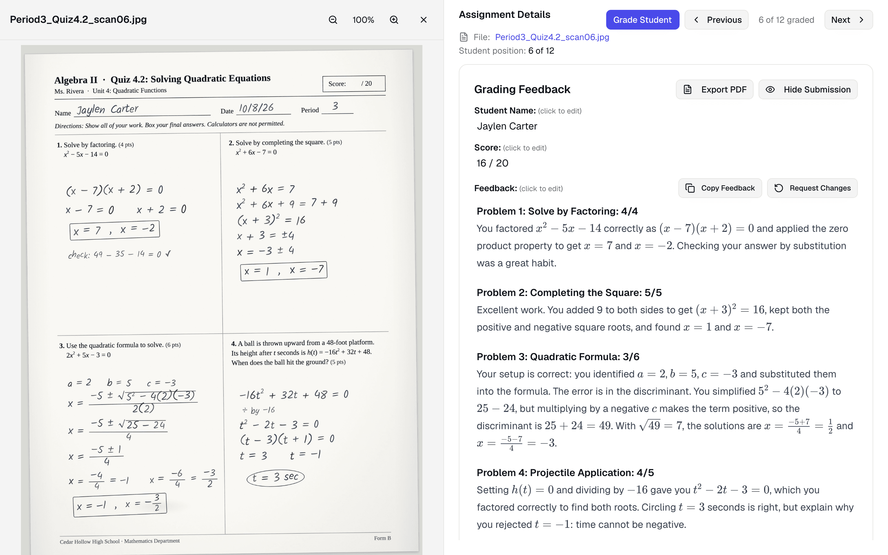 GradeWithAI grading a handwritten Algebra II quiz with partial credit, showing the scanned student work next to step-by-step AI feedback