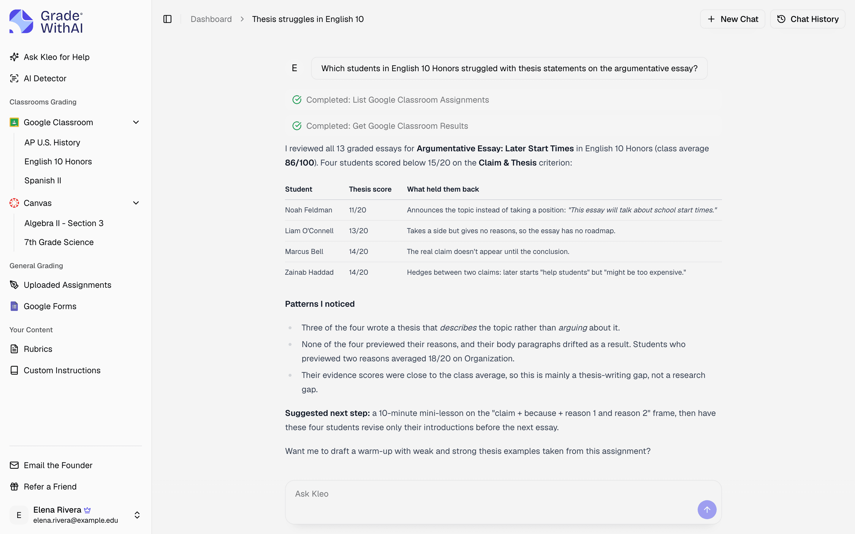 Kleo, GradeWithAI's assistant, identifying which students struggled with thesis statements and suggesting a mini-lesson