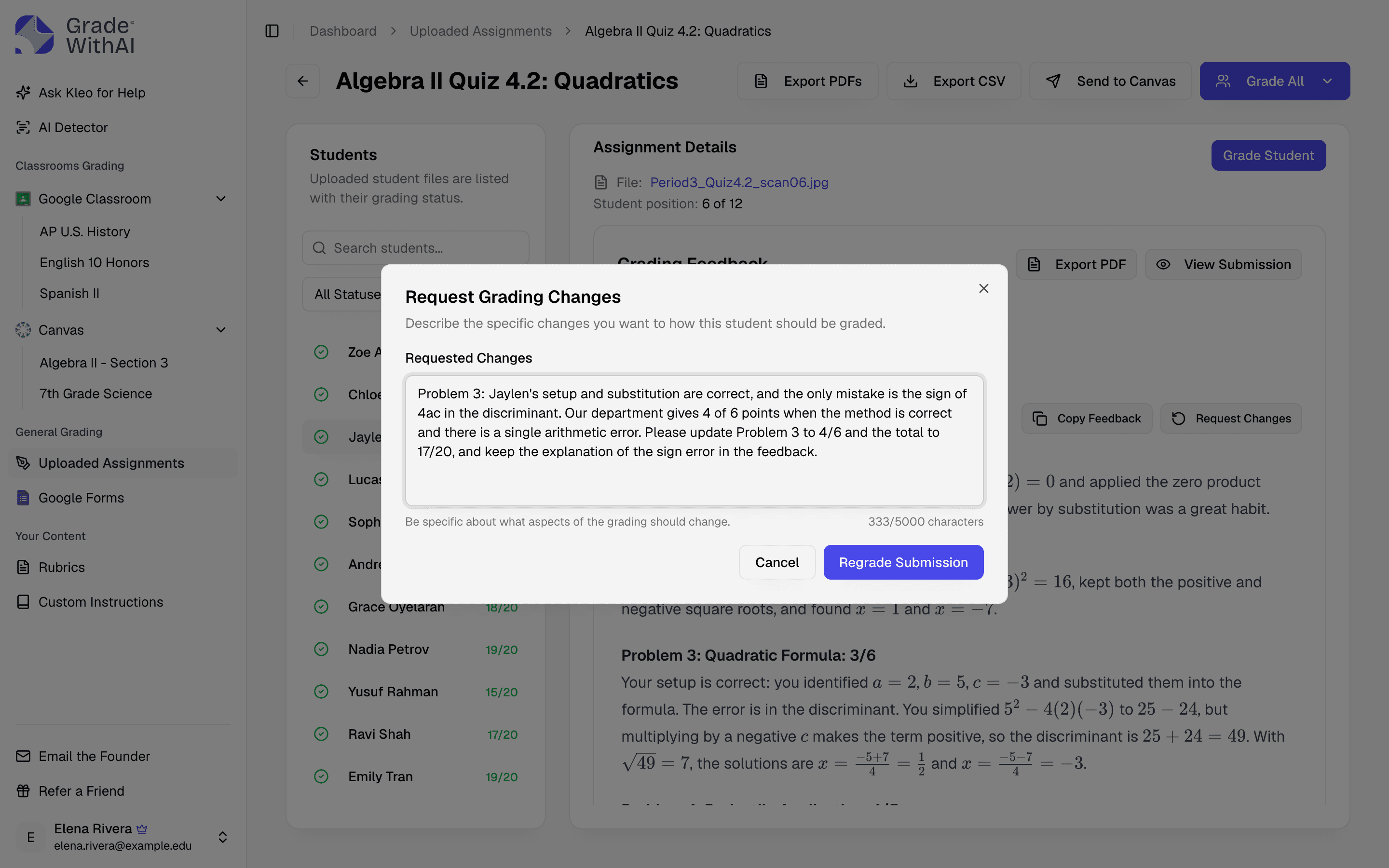 Teacher asking GradeWithAI to regrade a quiz problem with a specific partial-credit instruction