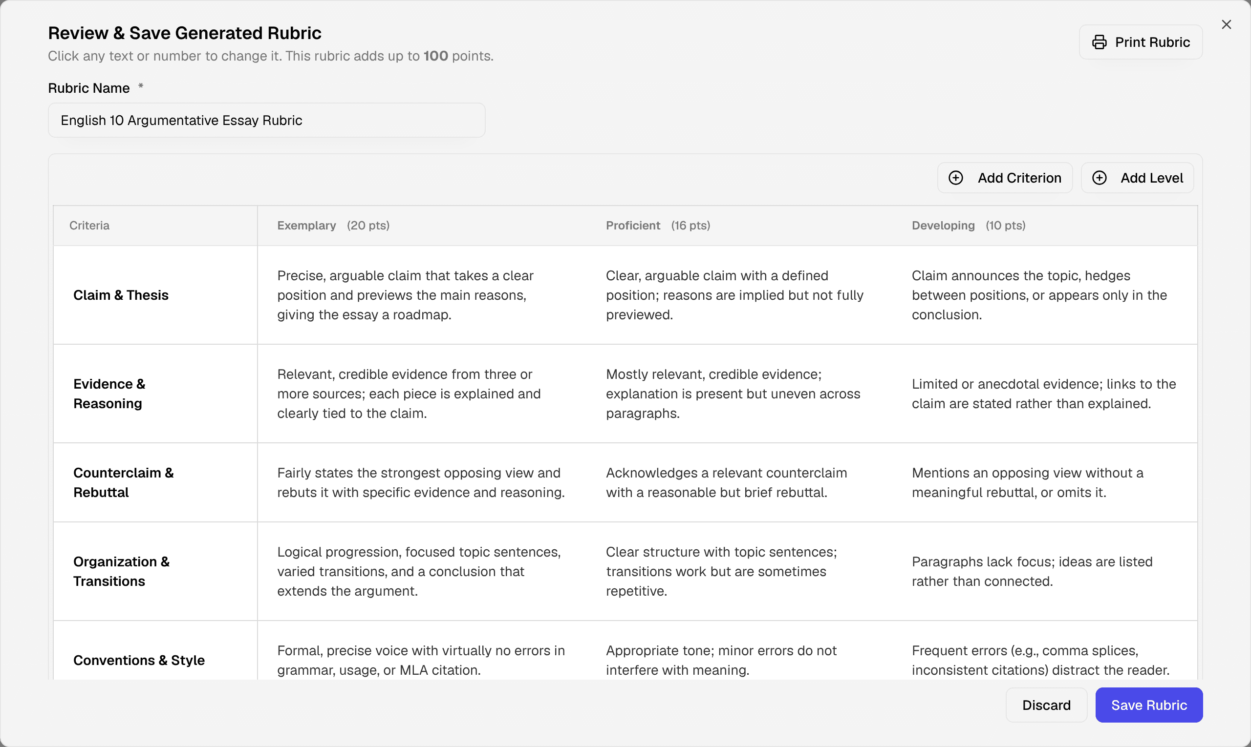 AI-generated English 10 argumentative essay rubric with five criteria and three scoring levels, ready to edit and save
