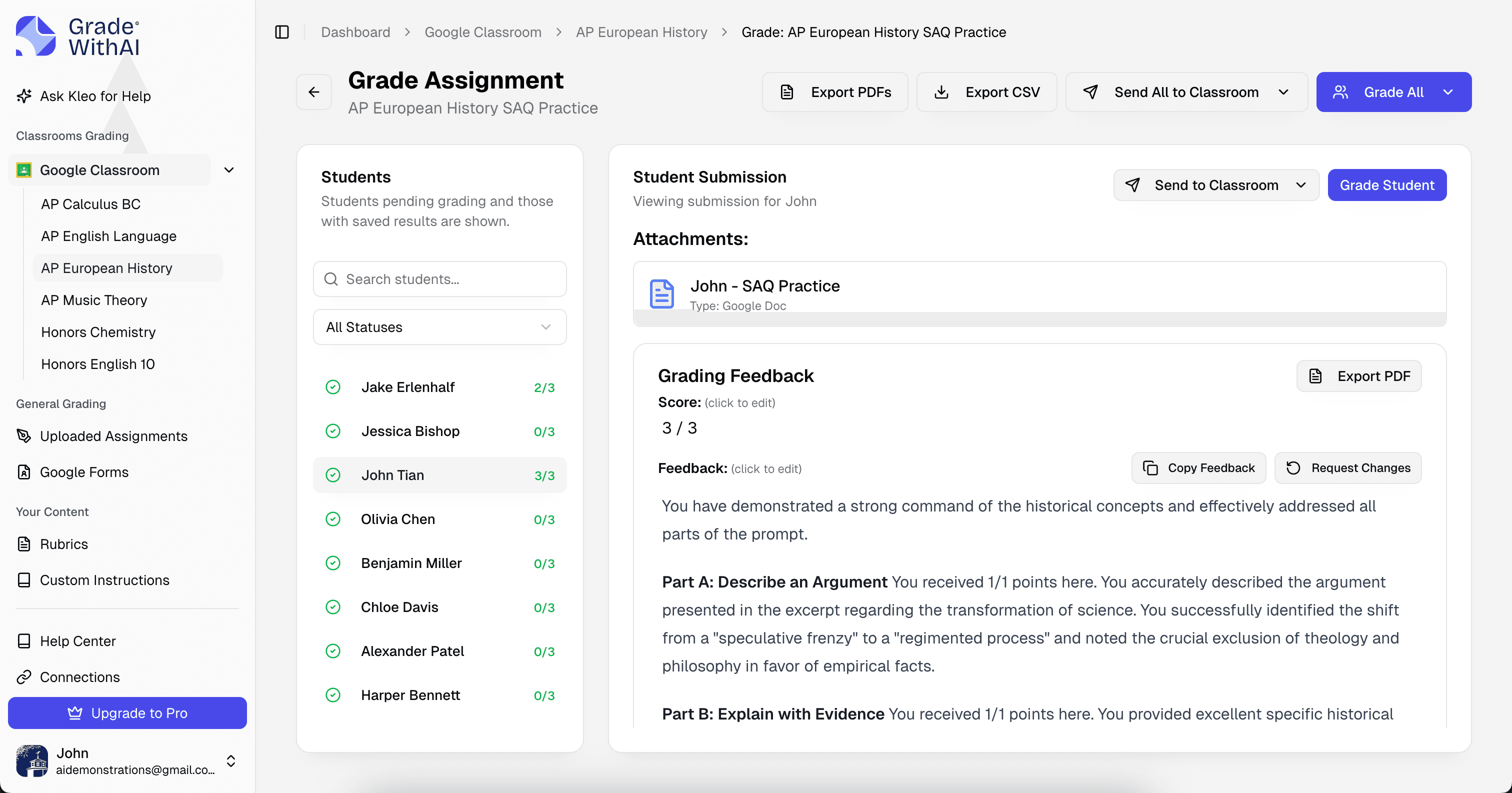 GradeWithAI Dashboard Interface showing assignments and student progress