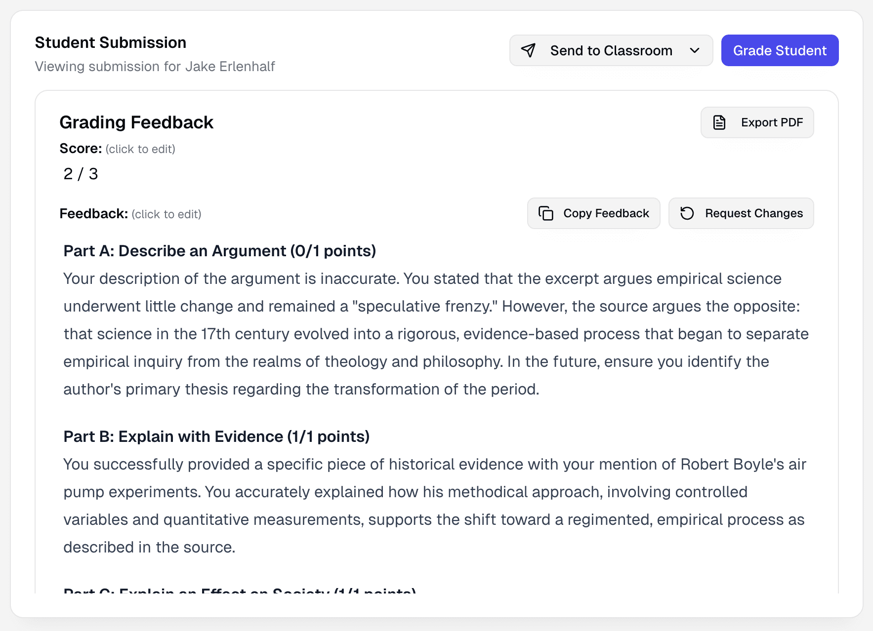 Student grading feedback showing detailed rubric-based scores and personalized comments